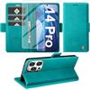 Giyer Cover per iPhone 14 Pro Custodia con Vetro Temperato, Premium PU Portafoglio Slot per Scheda RFID Antifurto Funzione Supporto Flip Case, Antiurto per iPhone 14 Pro 5G Cover (Cyan)