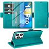 Giyer Cover per iPhone 16 Pro Custodia con Vetro Temperato, Premium PU Portafoglio Slot per Scheda RFID Antifurto Funzione Supporto Flip Case, Antiurto per iPhone 16 Pro 5G Cover (Ciano)