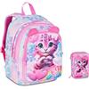 PRESTIGE & DELUXE Zaino Scuola Sj girl Heart Buddy Gattino Tigrotto ADVANCED TONDO By Seven per primaria Bambina + Astuccio 3 piani + 7 penne a scatto e portachiave pailettes