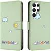 Rnrieyta Miagon per Samsung Galaxy S22 Ultra Cover,Custodia Cartone Nuvola Gatto Carino Portafoglio a Libro in PU Pelle Flip Cover con Porta Carte Chiusura Magnetica Case,Verde