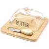 Beowanzk Set di burriere in bambù con coltello, base in legno naturale, campana di vetro e spalmatore in acciaio inox, eleganti stoviglie per sala da pranzo e cucina