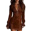 Generic Mini abito da donna in pelle scamosciata, con scollo a V, con cerniera, maniche lunghe, con bordo in pizzo, stile vintage, stile western, cow, Marrone, 3XL