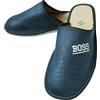 MARKA WYROBY WEŁNIANE - Pantofole da uomo - Pantofole da uomo - in pelle, con soletta in pelle - Chiuse con scritta Boss - Pantofole da casa, Blu, 44 EU