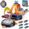 LTFIOON Pista da Corsa con Doppio Looping & Anello di Fuoco | Giocattolo Pista da Corsa con 6 Auto, Pista Portatile per Bambini con Maniglia di Trasporto, Doppio looping