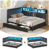 KIMENICH Divano letto imbottito 140 x 190 con illuminazione a LED, stazione di ricarica, testiera imbottita alta, letto per ragazzi con 2 cassetti e rete a doghe in metallo, scaffali aperti, grigio