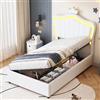 Fppuueg Letto Imbottito Singolo 90x200 cm con LED, Letto per Bambini da Principesse a Forma di Corona, Letti Singoli con Idraulico Contenitore, Letto Bambina, Bianco, PU, Senza Materasso