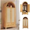 Terahanda Armadio 181 x 78 x 45 cm con intreccio in rattan, stile rustico effetto rovere, ripiano semicircolare aperto, 2 ante con chiusura magnetica, 2 cassetti, asta appendiabiti e sicurezza