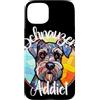 Whisker Mosaic Lettering Co. Custodia per iPhone 15 Plus Ritratto di cane in vetro colorato Schnauzer Addict