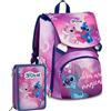 Clondo Set Scuola 2 Pezzi Per Stitch Seven Fan Zaino Scuola Elementare Bambina + Astuccio 3 Scomparti Completo (44 Accessori) - School Pack Bambini