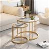 Huhote Set di 2 tavolini rotondi, tavolini impilabili, con struttura in metallo, per soggiorno, camera da letto, balcone, ufficio, appartamento, diametro 60 cm, colore: oro con vetro trasparente