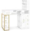 BarberPub tavolo per manicure con 4 cassetti, 2 ripiani, 5 mensole e 1 armadio estraibile, tavolo per unghie con aspirazione, 2 sacchetti per aspirapolvere, bianco marmo e oro, 55x112x123 cm, 2439