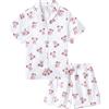 Ewbob - Set pigiama in seta e raso per ragazze, a maniche corte, con bottoni, biancheria da notte traspirante e morbida per bambini, età 5-14 anni, Orsetto beige., 7-8 Years