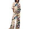 Generic Pigiama Cotone Donna Lungo Abiti Estivi per Donna 2 Set di Lino in Cotone T-Shirt Oversize Pantaloni a Gamba Dritta Tuta Taglie Forti Camicia da Notte Donna Pijama Donna Cotone (Beige, M)