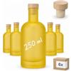 gouveo Set di 6 Bottiglie di Vetro 250 ml Classic Smerigliate Gialle (0,25 l) con Tappi in Sughero con Testa in Legno - Bottiglie Vuote per Sciroppo, Liquore, Olio, Aceto e Decorazione