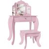 HOMCOM Set Toeletta Trucco Bambina 2 in 1 con Sgabello, Rosa
