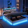 WOBOPCG Letto Matrimoniale 140x200 con Contenitore, Letto Imbottito 140x200 con LED e Ricarica USB Letto con Contenitore una Piazza e Mezza Struttura Letto Matrimoniale con Doghe e Testiera (Beige, Velluto-B)