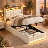 SAOOZBE Letto Singolo con Contenitore 90x200 cm, Struttura Letto Singolo con Illuminazione a LED e Stazione di Ricarica, Letto Imbottito con Testiera, Lino Beige