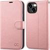 OCASE Portafoglio Cover per iPhone 15 Plus (6,7 Pollici) Rosa | Custodia a Ribalta, Portafoglio in Pelle PU, Blocco RFID, 3 Slot per Carte, Supporto Integrato, Protezione Antishock