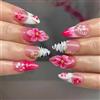 MouyouGlow Unghie Finte Corte MouyouGlow,Mandorla Zebra French 3D Fiori Floral Oro Gold Beads Perle Design Short Press on Nails,White Tips Pink Flower Estate INS Fake Nails