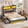AOGLLATI Letto Matrimoniale Imbottito 140x200con Cassetti Letto Contenitore | Struttura Letto Matrimoniale con Stazione di Ricarica, LED, Letto Matrimoniale con Contenitore, Testiera Lino Grigio