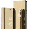 IMEIKONST Custodia Compatibile con iPhone 16 Pro Max, Flip a Libro Specchio con Funzione Kickstand Clear View Antiurto Protettiva Pelle Smart Cover per iPhone 16 Pro Max 6.9. Mirror: Oro QH