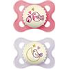 MAM Ciucci da notte originali, 0-6 mesi, confezione da 2, si illuminano al buio, forniti in custodia per sterilizzatore, materiali sostenibili, accessori per bambini, rosa (vari motivi)