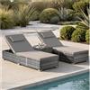 tectake® Set 2 x Lettino Prendisole in Polyrattan 62x196x36cm, 2x Sdraio da Giardino, Tavolo in Vetro, Sdraio Prendisole, Schienale Regolabile, Cuscini, Ideale Giardino e Piscina - Grigio