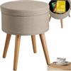 tectake® Sgabello Imbottito con Effetto Lino, Mobile Rotondo, Scompartimento Interno, Gambe in Pino con Feltrini, Design Elegante e Resistente - Sabbia