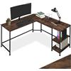 tectake® Scrivania Stile Industriale, Desk, Telaio Acciaio Nero, Salvaspazio, Angoli Smussati, 2 Scaffali Laterali, Scrivania Regolabile in Altezza, 138x138x75,5 cm - Legno Industriale Scuro, Rustico