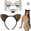 WELLXUNK Costume da Leopardato, Accessori Leopardati, Orecchie Stampa Leopardo con Adesivi Faccia di Leopardo, Decorazioni Leopardate, Adatto per Carnevale Gioco di ruolo Costume Ball Prank Party