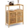 KOMFOTTEU Armadietto Bagno in Bambù Armadietto Bagno con Mensola Regolabile, Mobile Base con 2 ante lamellari Armadietto portaoggetti 64x27,5x80 cm per Soggiorno Cucina, SE00142WJDE
