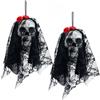 Jonami Decorazioni Halloween Teschio Appeso Sposa Fantasma con Velo Nero per Porta Muro, Accessori Festa Horror Casa - 25cm