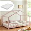 [en.casa] Letto per Cameretta Montessori Letto a Forma di Casetta con Barriera di Protezione per Bambini Struttura in Legno di Pino Materasso a Schiuma Fredda 120x200 cm Rosa/Bianco