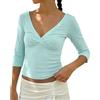 Generico Top Avvolgente Stropicciato da Donna A Scollo V Profondo Maniche Tre Quarti Tinta Unita Pullover Minimalista Stile Y2K per Le Uscite Moderne(Light Green, XS)