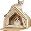 Rehomy Cuccia Gatto Interno Chiuso, Casetta per Gatti in Legno con Sisal, Tenda Morbida per Gatti Timidi, 2 in 1 con Cuscino, 50x40x40cm