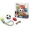 Buki France BUKI Pets - Cofanetto di giocattoli per cani, confezione da 4 giocattoli a tema sportivo: pallone da calcio in tessuto, palloncino da rugby, palla da tennis con corda, osso da rosicchiare - per cani