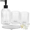 Guokanfly Set di accessori da bagno trasparente, 4 pezzi, set completo in vetro | Composto da dispenser di sapone, bicchiere per collutorio e portasapone per decorare bagni e lavandini.