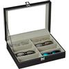 Relaxdays Scatola per 8 Paia di Occhiali, Espositore, Dimensioni HxLxP: 8,5 x 33,5 x 24,5 cm, Box in finta pelle, Nera, PU, vetro, Velluto, nero, 1 pz