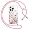 Gcxvaoi Cover con Cordino per iPhone 15 Pro, Aesthetic Fiori Disegni Custodia con Collana Tracolla Laccio Corda, Trasparente Sottile TPU Silicone + PC Antiurto Case per iPhone 15 Pro, Rosa 01