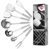 Qixeva 7 Pezzi Set Utensili Cucina Acciaio Inox, Appendere Utensili da Cucina con Spatola, Paletta Forata, Mestolo, Schiumarola, Frusta, Cucchiaio Pasta, Forchetta per Carne, Lavabile in Lavastoviglie