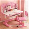 Saterkali Set di scrivania e sedia per bambini, scrivania da studio per bambini con sedia, libreria e cassetto, altezza regolabile, motivo cartone animato, scrivania per scuola e studio con cassetto