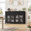 FirFurd Mobile Cucina, Credenza Soggiorno con 4 Ante in Vetro, Nero | Buffet Mobile Moderno con 2 Cassetti｜Ripiani Regolabili o Rimovibili｜per Cucina, Soggiorno, Sala da pranzo｜140x40x90.7cm