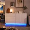 HOOGDLJ Credenza Cucina Moderna con Luci LED, Mobile Cucina Bianco Lucido con 2 Ante e 3 Cassetti, Madia Soggiorno Moderna per Sala da Pranzo, Cucina, Ingresso e Salotto, Mobile Salvaspazio, 160 x 35 x 76 cm
