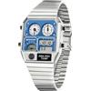 MASTOP Orologio analogico digitale quadrato retrò con display della temperatura, 3 fusi orari, retroilluminazione, impermeabile fino a 50 m, sveglia e cronometro settimana/data, Argento blu, Orologio