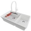 PRIMAGRAN Lavandino sottotop al Mobile 80cm + Rubinetto, 76x47cm | Set: Rubinetto BW6030 + Kit di scarico + Scolapasta avvolgibile + Lavello in Granito a 2 vasche - Prague Duo Level, Bianco