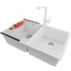 PRIMAGRAN Lavandino da Cucina al Mobile 80cm + Rubinetto, 76x47cm | Set: Rubinetto BW3010 + Kit di scarico + Scolapasta avvolgibile + Lavello in Granito a 2 vasche - London Twin Slim, Bianco