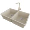 PRIMAGRAN Lavandino da Cucina al Mobile 80cm + Rubinetto, 76x47cm | Set: Rubinetto BW3010 + Kit di scarico + Lavello in Granito a 2 vasche - London Twin Slim, Beige