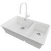 PRIMAGRAN Lavandino sottotop al Mobile 80cm + Rubinetto, 76x47cm | Set: Rubinetto BW6020 + Kit di scarico + Lavello in Granito a 2 vasche - Prague Duo Level, Bianco