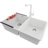 PRIMAGRAN Lavandino sottotop al Mobile 80cm + Rubinetto, 76x47cm | Set: Rubinetto BW3010 + Kit di scarico + Scolapasta avvolgibile + Lavello in Granito a 2 vasche - London Twin, Bianco