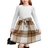 Arshiner Vestito per Bambine, Vestitos Autunno-Inverno a Maniche Lunghe a Sbuffo con Patchwork a Quadri per Ragazza, Vestitos Causale, Abiti da Principessa,Bianco/Marrone a Quadri,120, 5-6 Anni